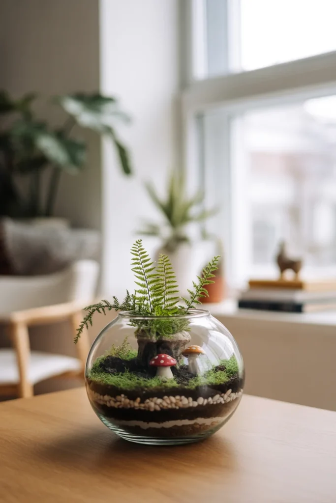 Glass terrarium with a small potted plant