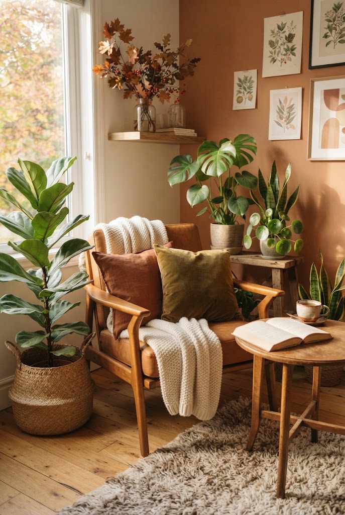A plant-filled corner styled with warm fall home decor accents