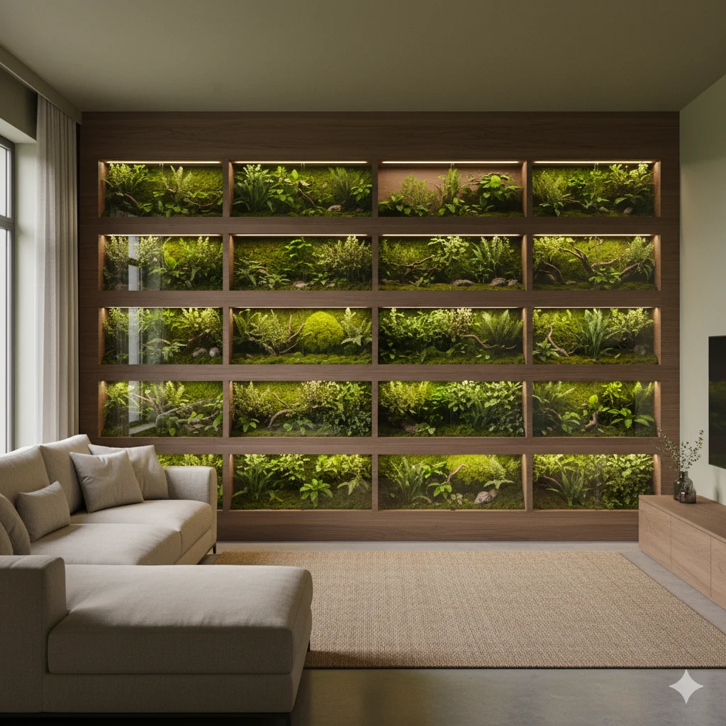Biophilic Design Integration
A living room wall with built-in glass terrarium panels surrounded by wood accents and warm lighting.