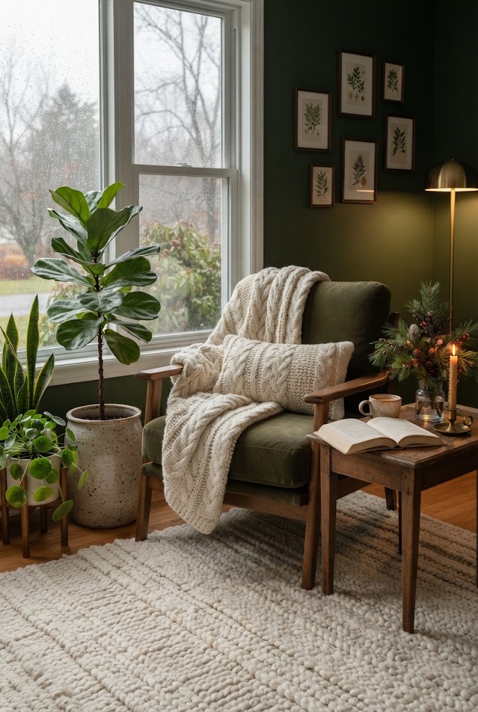 A cozy winter nook with indoor plants and warm seasonal decor