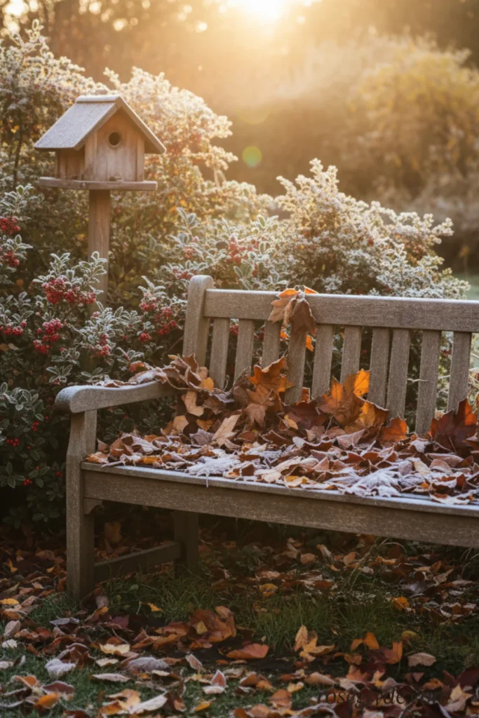 A wooden park bench covered in autumn leaves and frost, with a birdhouse on a post nearby, bathed in morning sunlight.