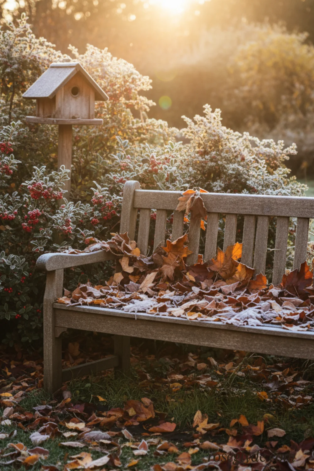 A wooden park bench covered in autumn leaves and frost, with a birdhouse on a post nearby, bathed in morning sunlight.
