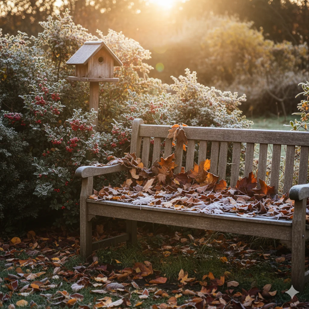 Wildlife-Friendly Garden
A wooden park bench covered in autumn leaves and frost, with a birdhouse on a post nearby, bathed in morning sunlight.