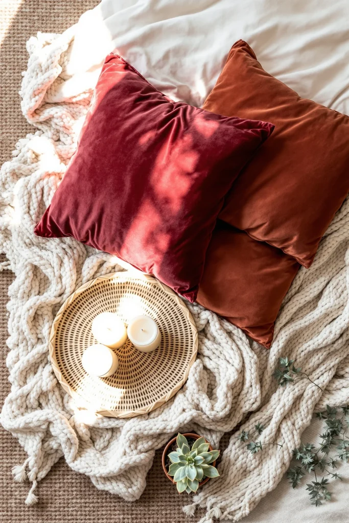 Cherry red color velvet cushion