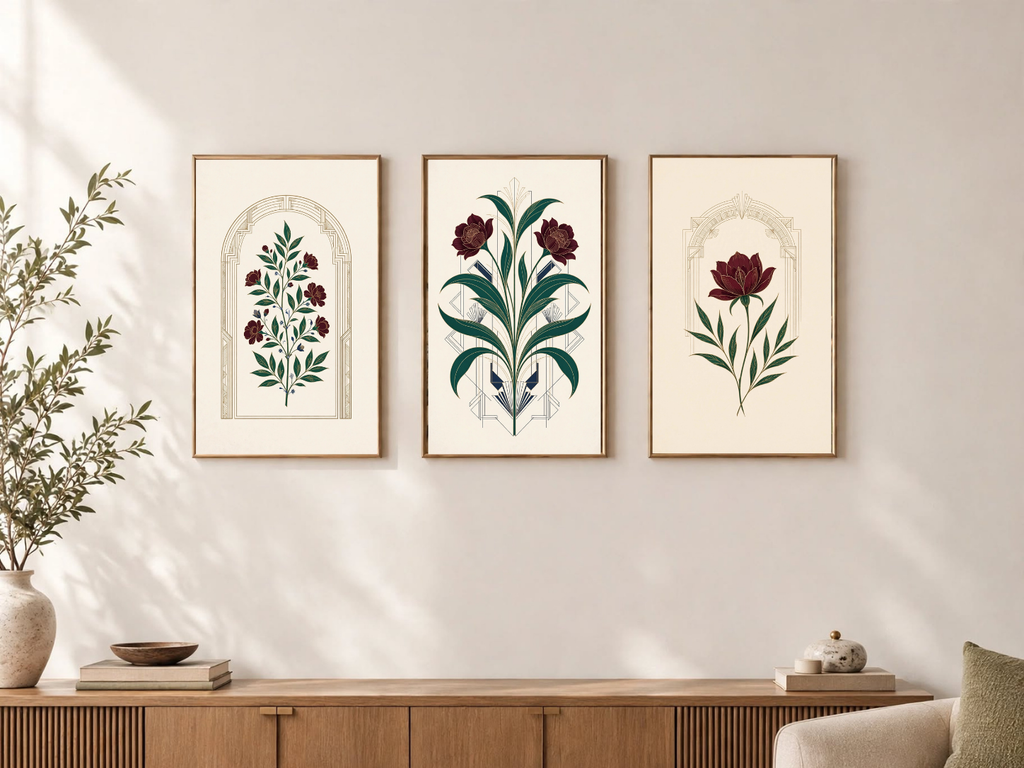 Three framed Art Deco botanical prints with deep red flowers and green foliage hanging above a wooden sideboard.