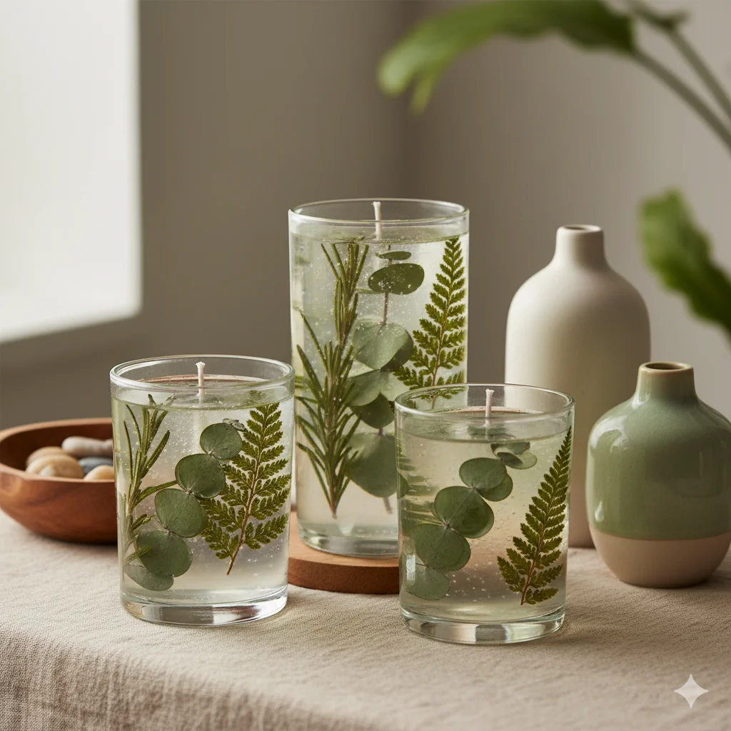 Botanical Herb Gel Candles
Minimal gel candles with dried rosemary, eucalyptus, and green fern sprigs visible inside clear wax. Styled on a linen cloth with natural wood accents and ceramic vases. Calm, earthy color palette.