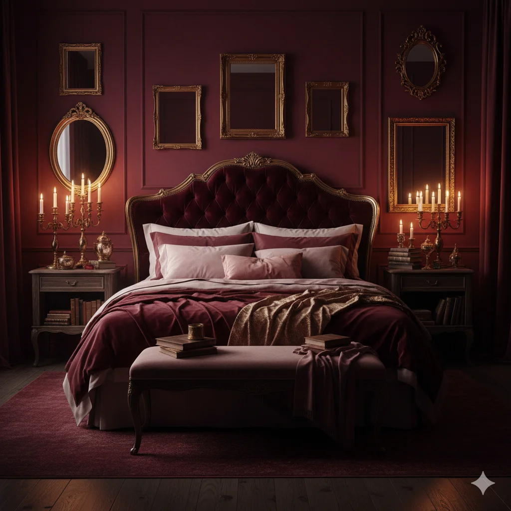 Burgundy moody bedroom décor