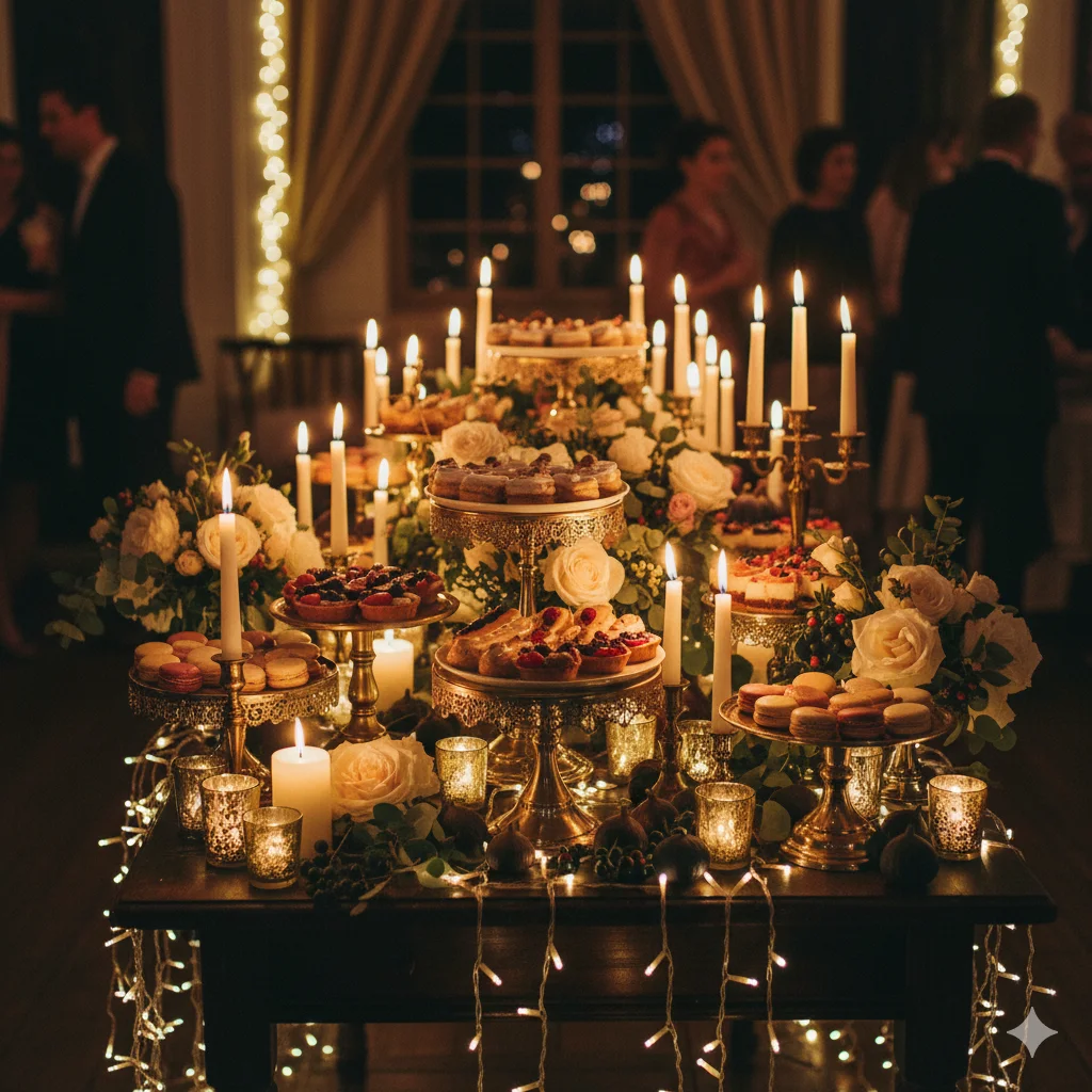 A dessert table with various pastries, flowers, and lit candles at the vintage gothic theme nighttime event.
