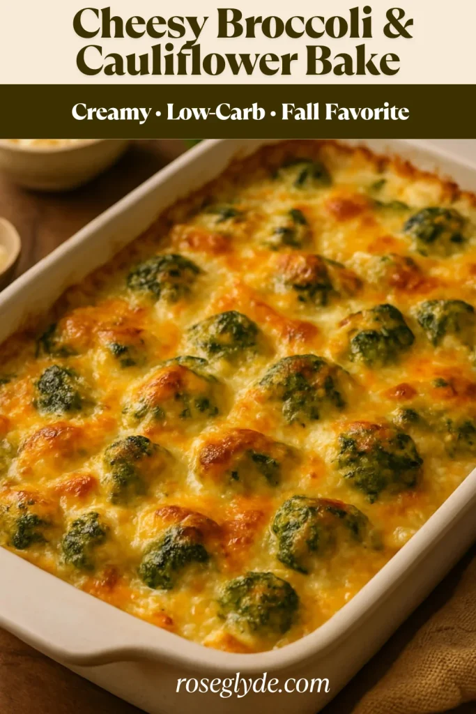 Golden, bubbling Cheesy Broccoli and Cauliflower Bake in a rustic white baking dish — topped with melted cheddar and parmesan, surrounded by fall linens and wooden utensils.
Delicious Fall recipe.