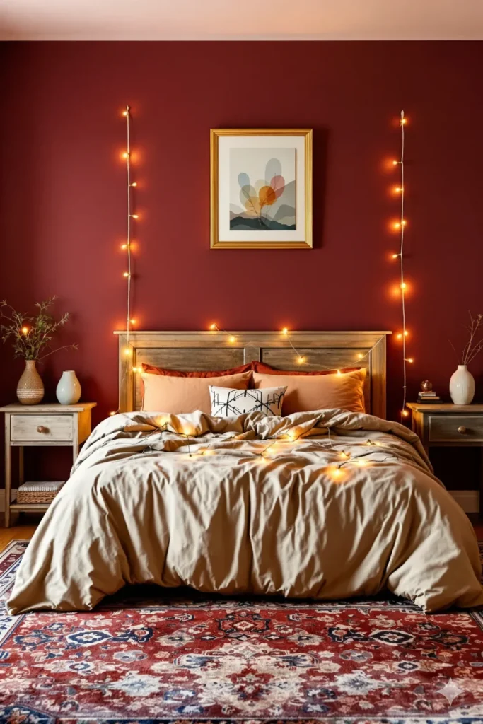 A cozy bedroom with a red accent wall, a wooden bed, and fairy lights.