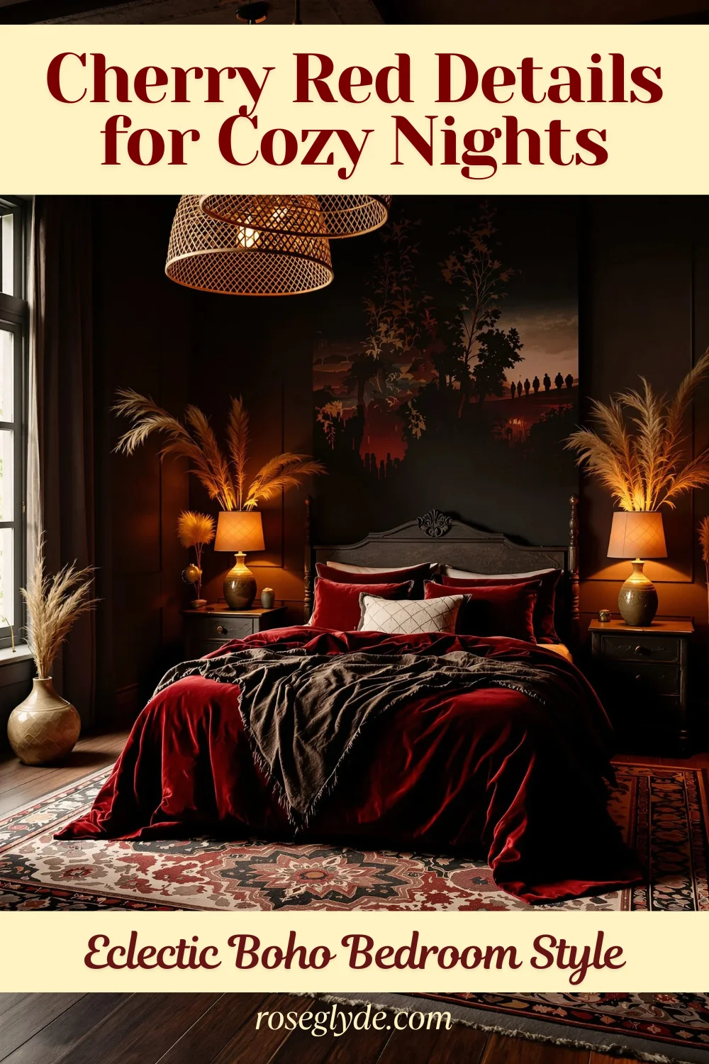A dark, moody cherry red bedroom with a large bed covered in red velvet bedding, flanked by two nightstands with lamps and vases of pampas grass. A dark landscape painting hangs on the wall above the bed.
