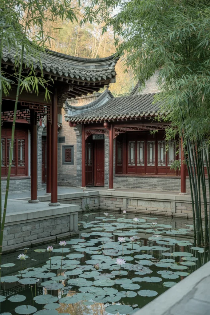 Chinese Courtyard Harmony (Siheyuan Style)
Chinese courtyard surrounded by red pillars, tiled roofs, bamboo, and a central stone path with a pond of lily pads and lotus flowers.