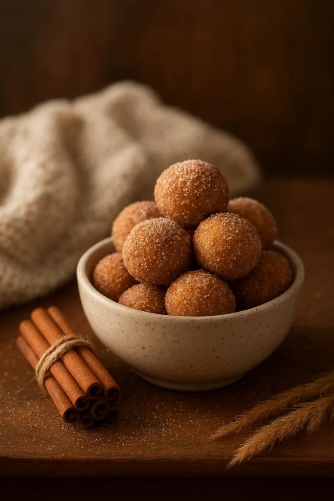 Fall Dessert Recipe 
A bowl of cinnamon sugar donut holes with cinnamon sticks and wheat stalks on a wooden surface.