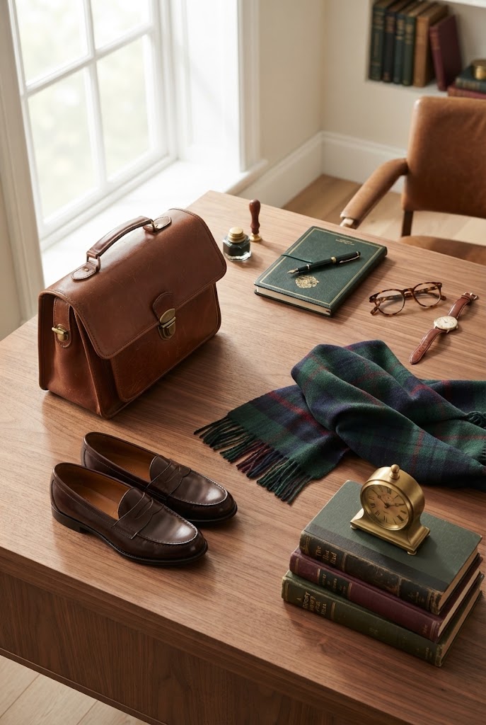 Classic academia accessories — a leather satchel, wool scarf, and vintage-style details.