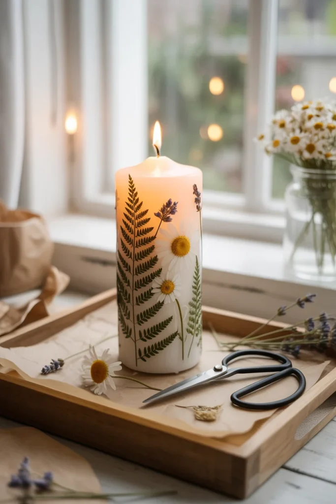 A white pillar candle with dried flowers pressed into the wax, placed on a wooden tray surrounded by petals