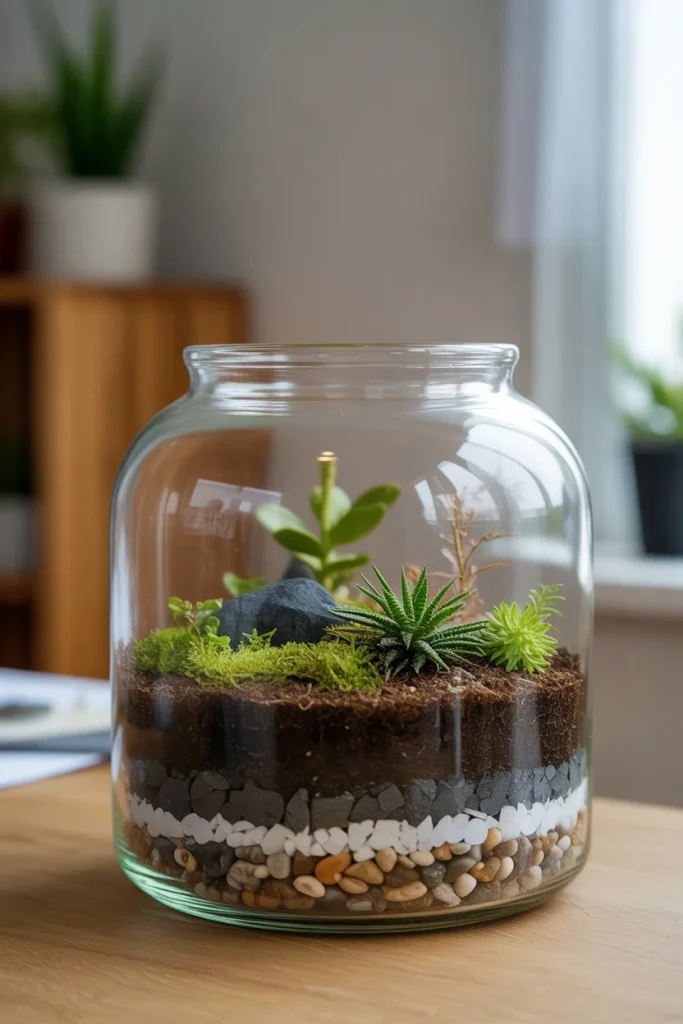 Glass jar terrarium with green plants and small rocks