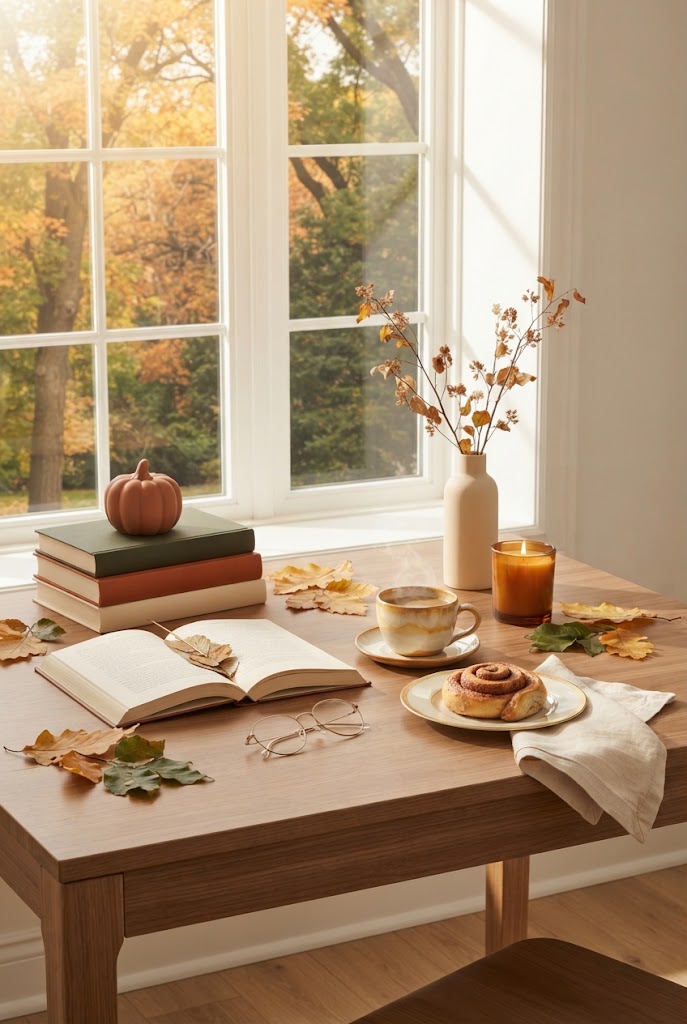 A fall breakfast table by a sunny window with coffee, a cinnamon roll, an open book, stacked books topped with a small pumpkin, a lit candle and scattered autumn leaves.