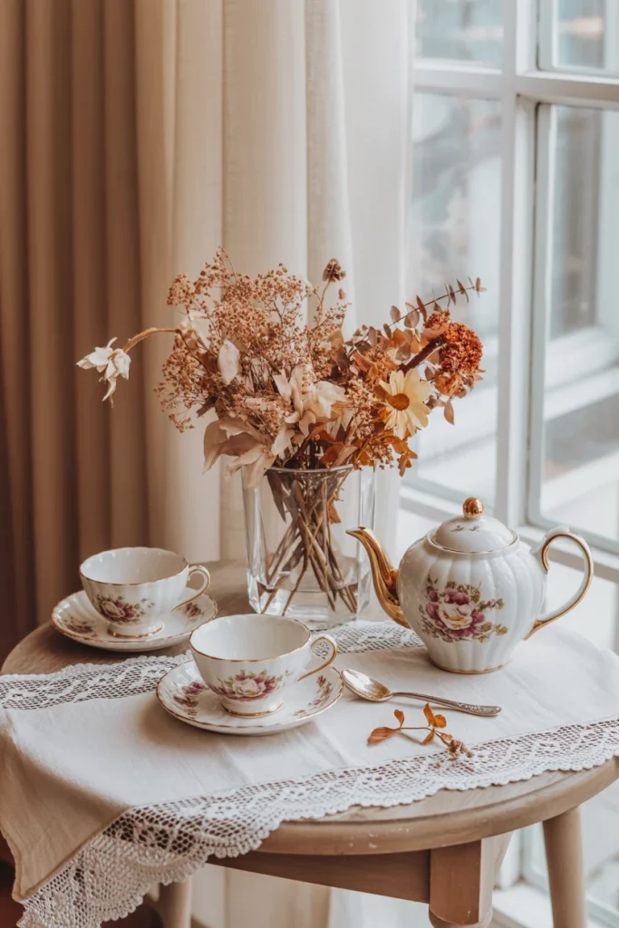 Cottage-Style Tea Nook
A vintage tea set with floral patterns and a vase of dried flowers on a lace tablecloth.