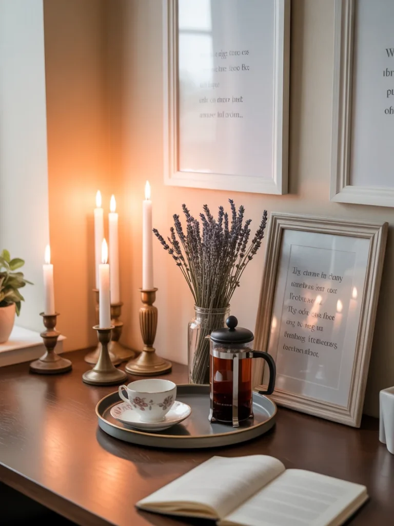 A cozy Vintage Academia Aesthetic tabletop scene with lit candles, a French press, a teacup, and a vase of lavender, with a framed picture and an open book nearby.