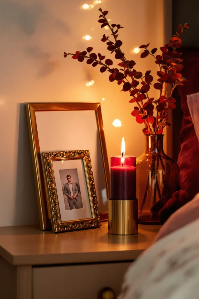 A cherry-colored candle and branches in a vase on a nightstand.