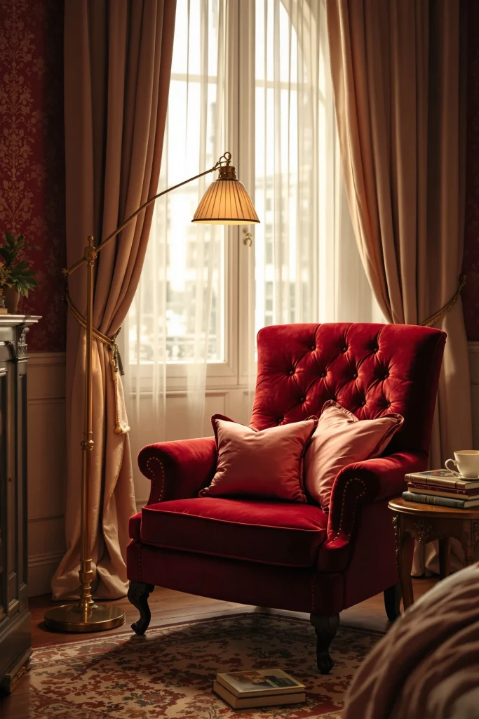 A cozy room with a cherry red velvet armchair, a golden floor lamp, and brown curtains.