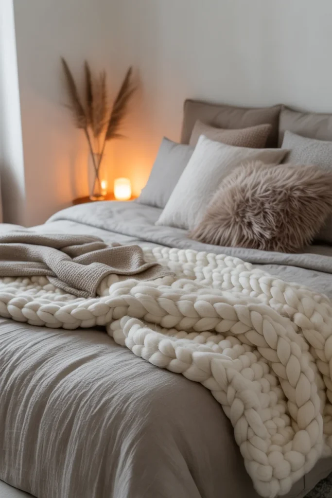 chunky knit blankets, faux fur throws, and linen duvets in Hygge bedroom