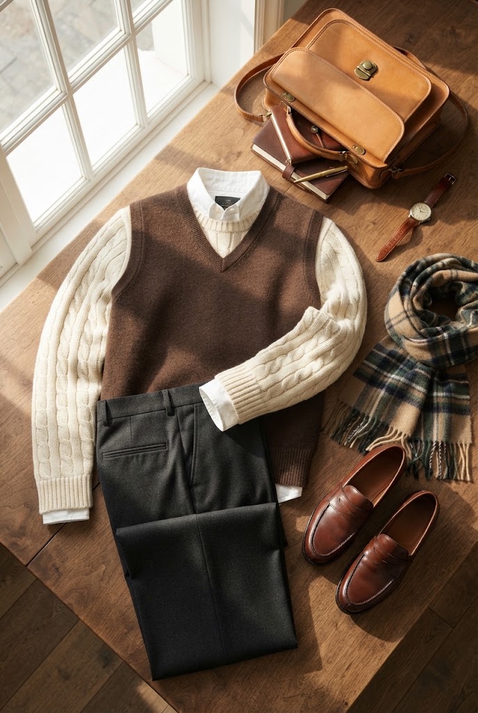 Layered knitwear — cable-knit sweaters and turtlenecks for a cozy winter outfit.
