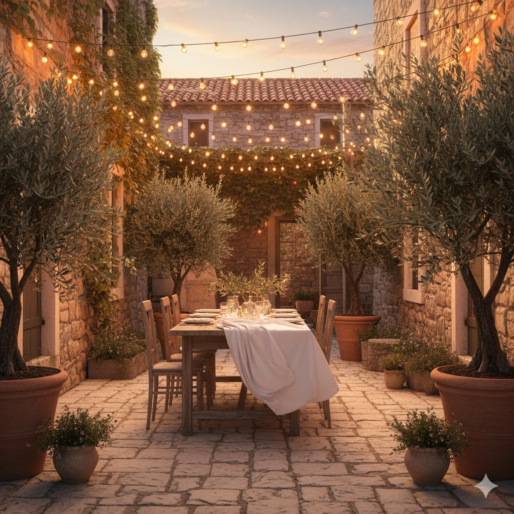 Stone House Outdoor Living space with rustic wooden table and chairs