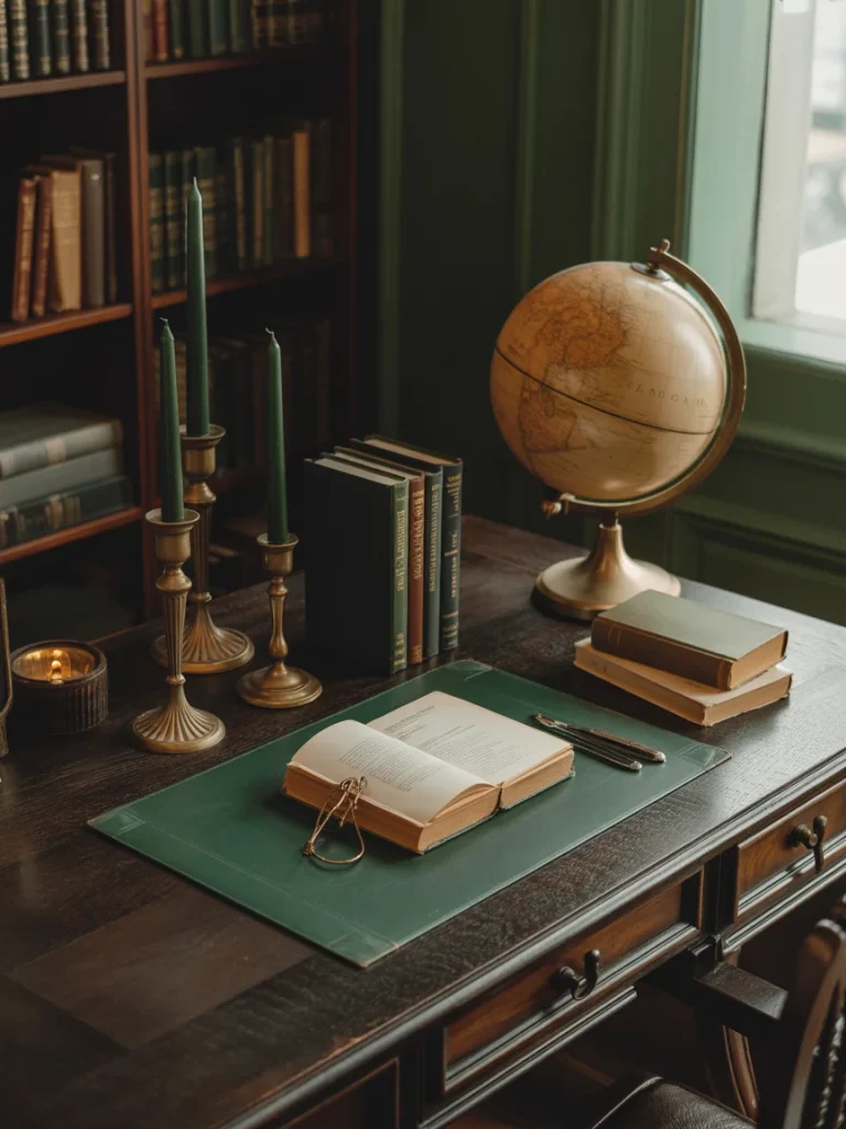 A vintage-style Dark Academia Aesthetic desk with a globe, a lit candle, and several books, including an open one with spectacles resting on it.