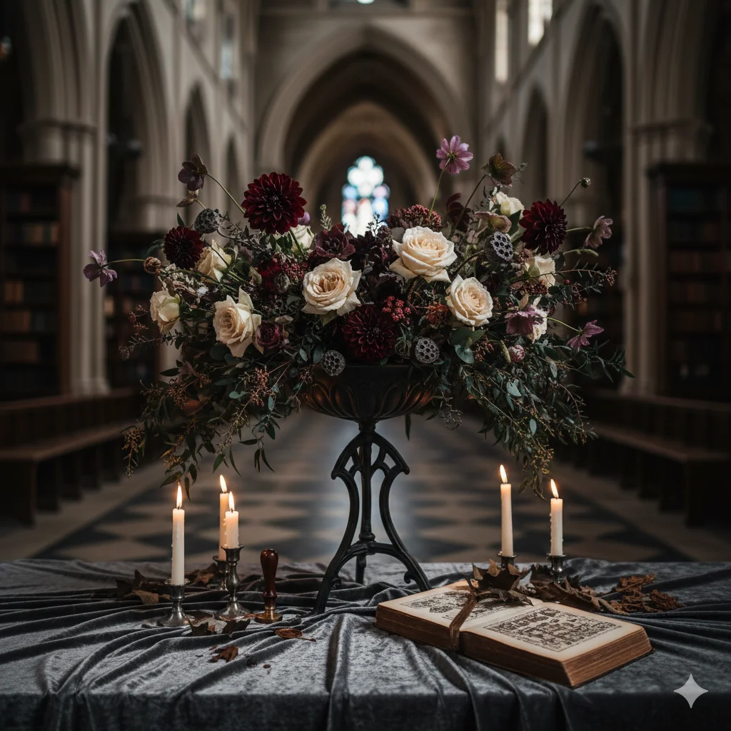 A large floral arrangement with dark red and cream flowers on a table with lit candles and an open book, set in a gothic-style church or library.