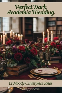 Dark Academia Wedding Centerpieces A close-up of a formal dining table set with a dark red tablecloth, gold plates, and ornate goblets. The centerpiece is a floral arrangement of deep red roses and other flowers, set on a stack of old books, with several lit candles in brass holders surrounding it.