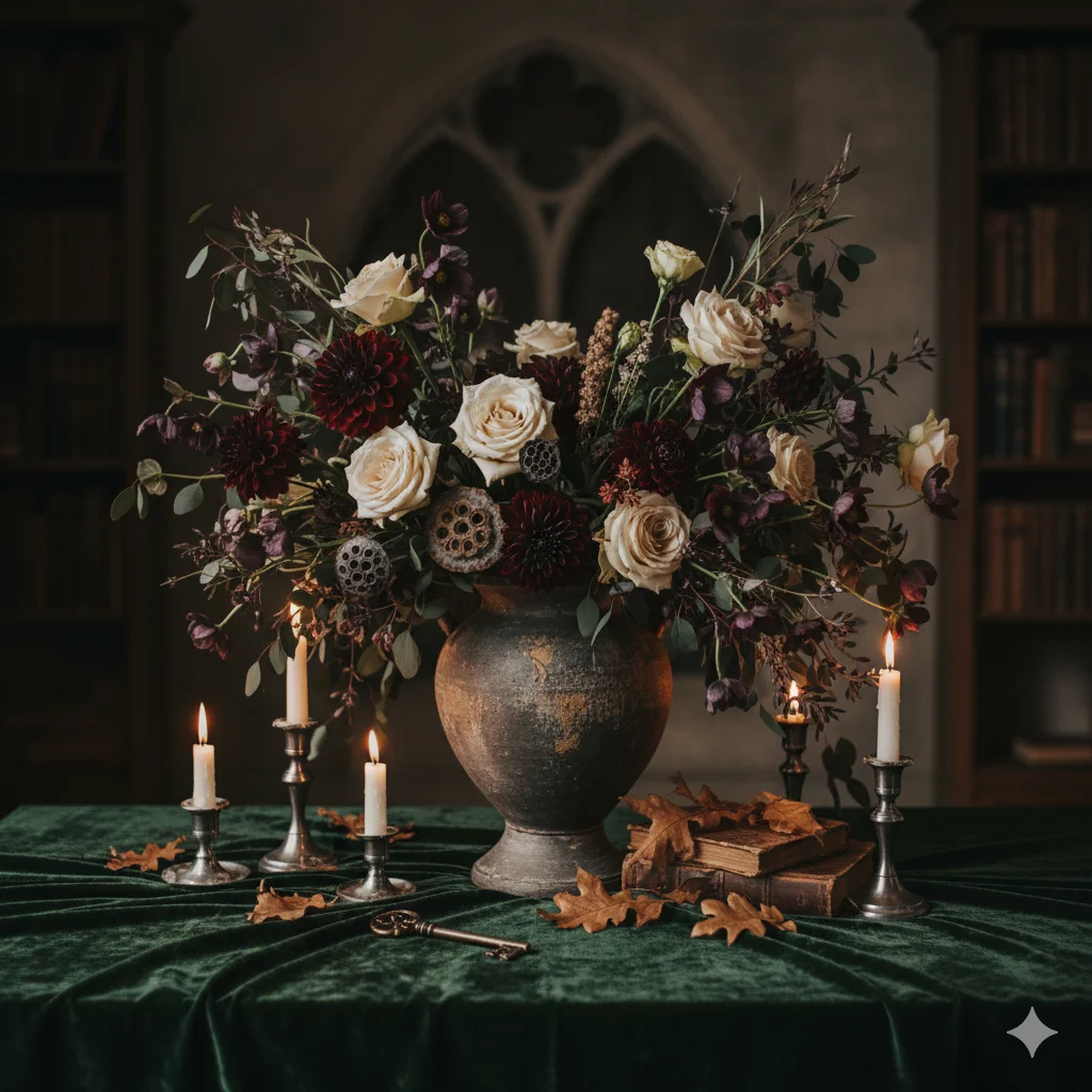 A still life of a dark floral arrangement in an old age urn, surrounded by lit candles, old books, and autumn leaves on a green velvet cloth.