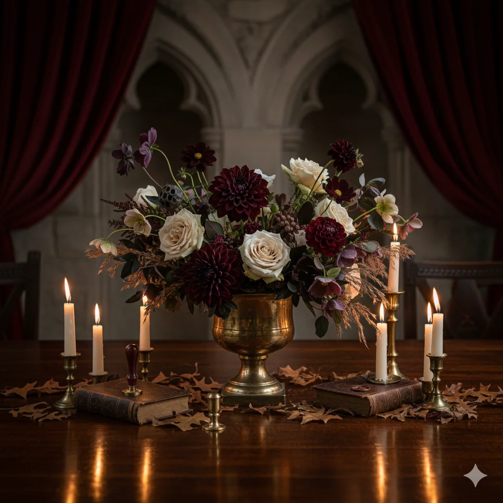 A moody wedding floral arrangement in a golden vase on a wooden table, surrounded by lit candles, old books, and dried leaves.