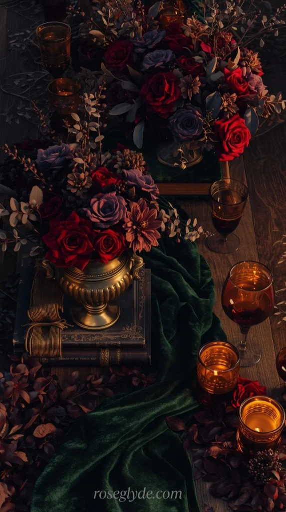 Floral Centerpieces for Dark Academia Weddings
A dark, moody still life featuring two bouquets of red and purple flowers in gold vases, glasses, and books on a wooden table.