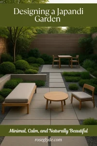 A modern Japandi-style garden with a patio, dining set, lounge chair, and various low-lying green plants.