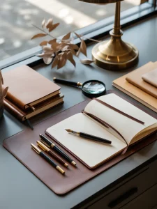 A close-up shot of a Academia Aesthetic desk with multiple notebooks, a fountain pen, a magnifying glass, and a brass lamp.
