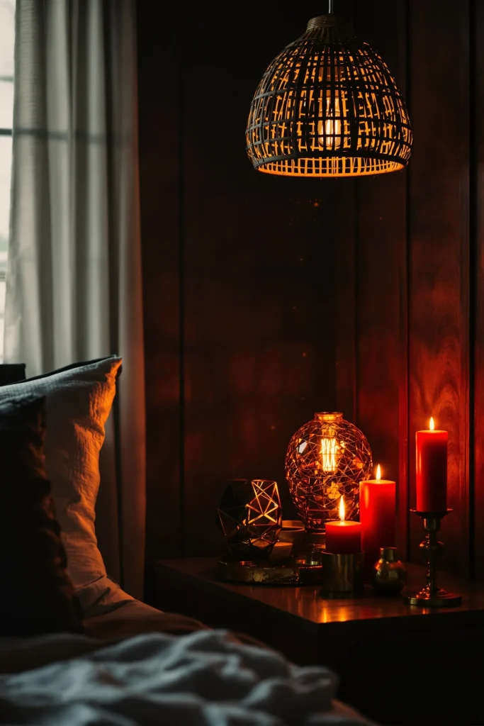 A cozy, dimly lit bedroom scene with a bedside table holding several cherry red color lit candles and a decorative lamp, creating a warm and intimate atmosphere.
