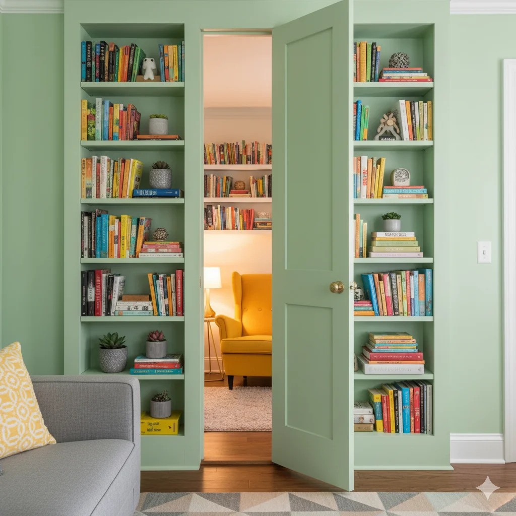 Hidden Bookshelf Doors
A light green room with built-in bookshelves on either side of an open door.
