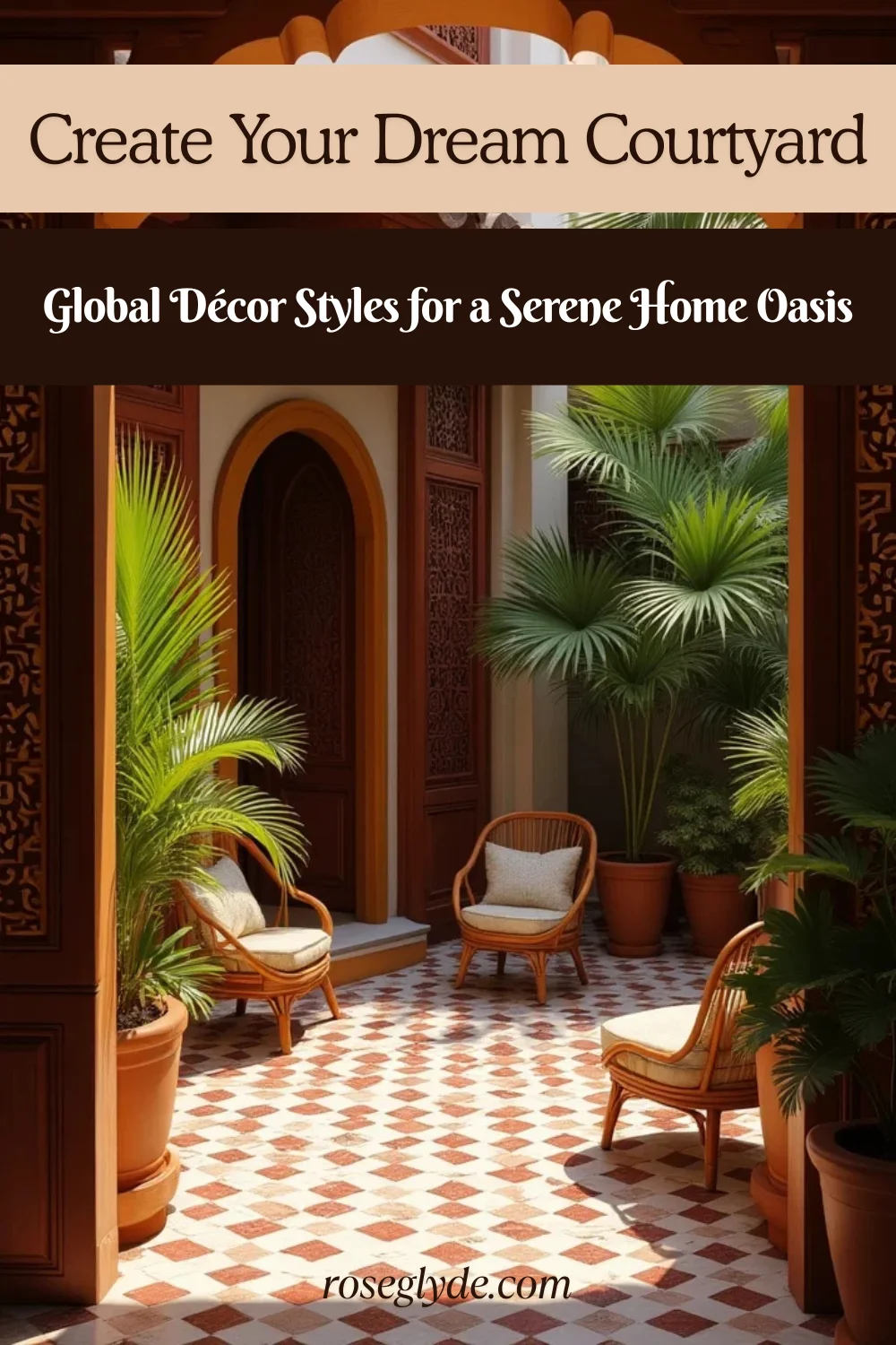 Courtyard design Ideas from Global Styles for Your Outdoor Space Beautiful global courtyard design featuring Mediterranean tiles, Japanese garden elements, and tropical plants for serene outdoor inspiration.