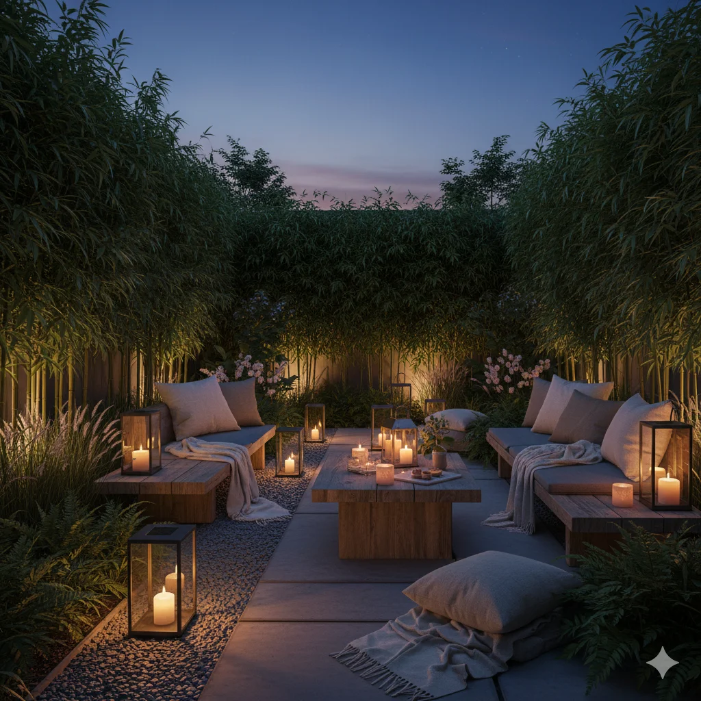 Subtle and Soothing Ambience Lighting Of Japandi Garden Oasis