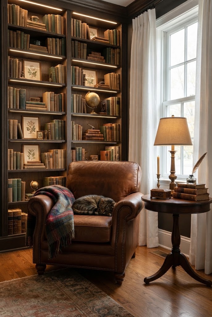 Bookshelves styled like a collected library, with books, framed prints, and small decorative objects.
