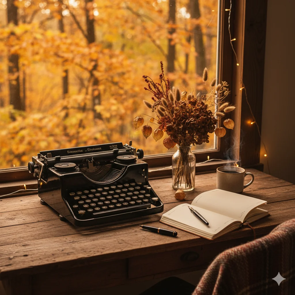 Vintage Study Table with Typewriter 
A vintage typewriter, a mug, and an open notebook on a wooden desk by a window with an autumn forest view.
