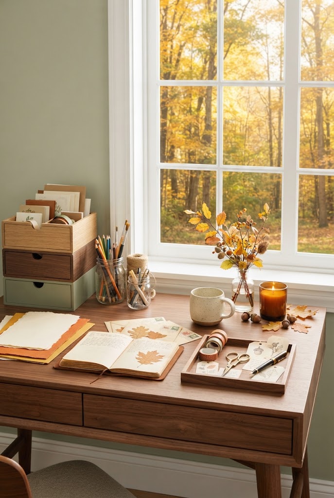 A fall craft and journal desk by a window with an open journal, colored pencils, washi tape and scissors, a mug and a lit candle, overlooking golden autumn trees.