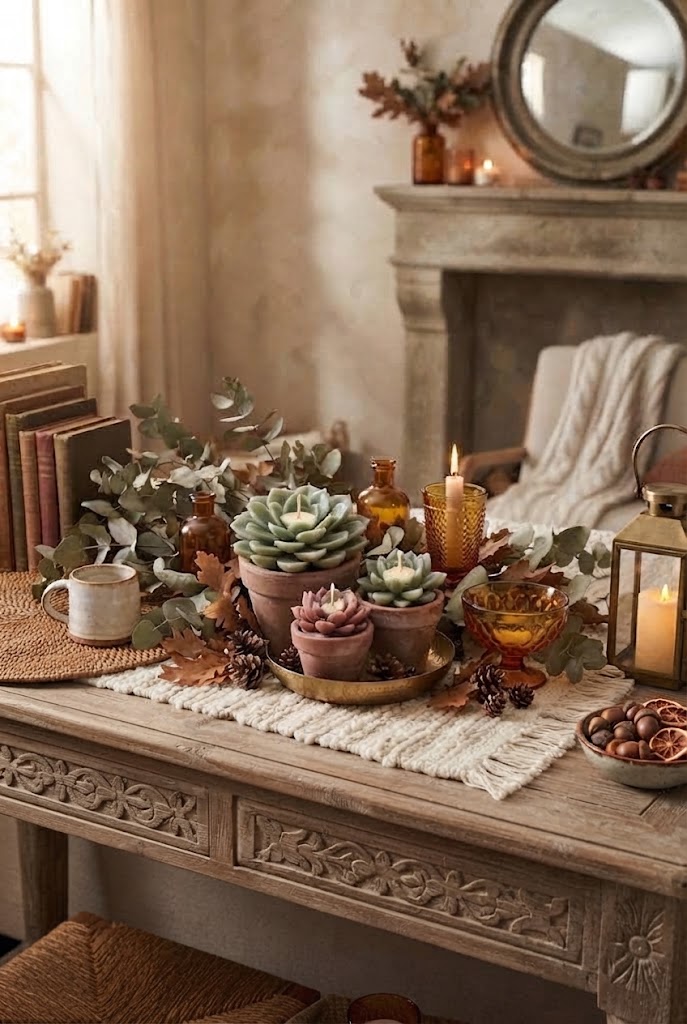 Succulent candles styled with fall decor, pumpkins, and autumn leaves