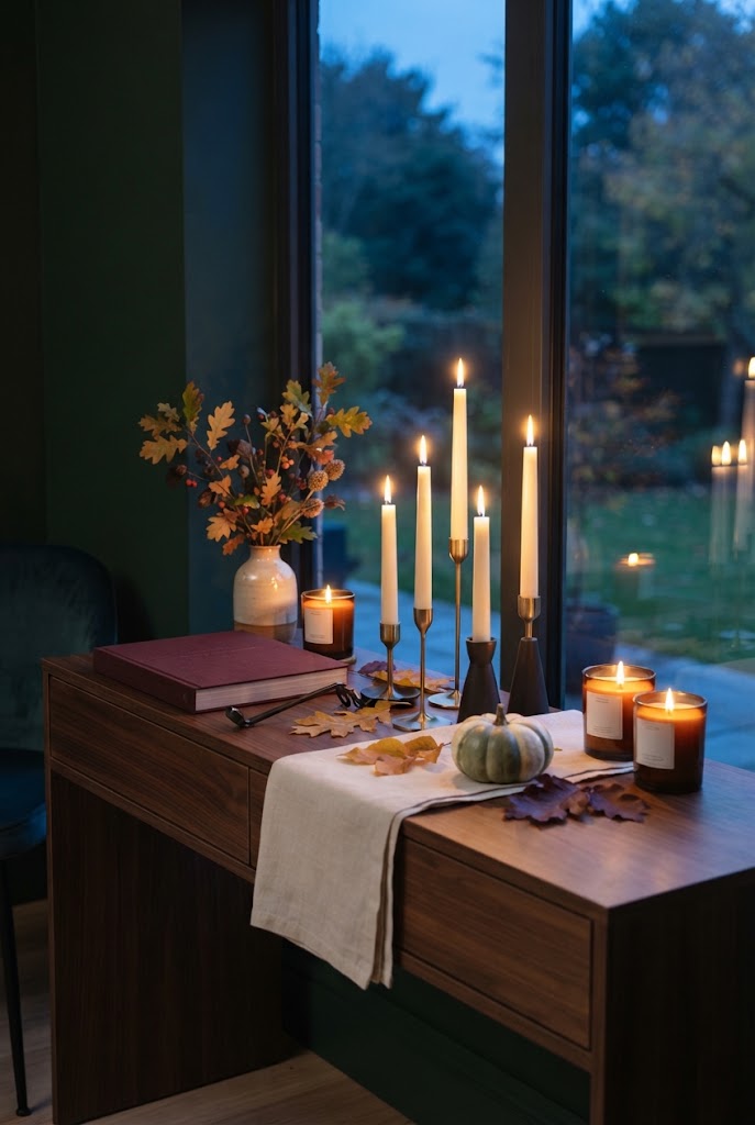 A candlelit fall table at dusk with lit taper and jar candles, a small pumpkin, oak leaves in a vase and a linen runner beside tall windows.