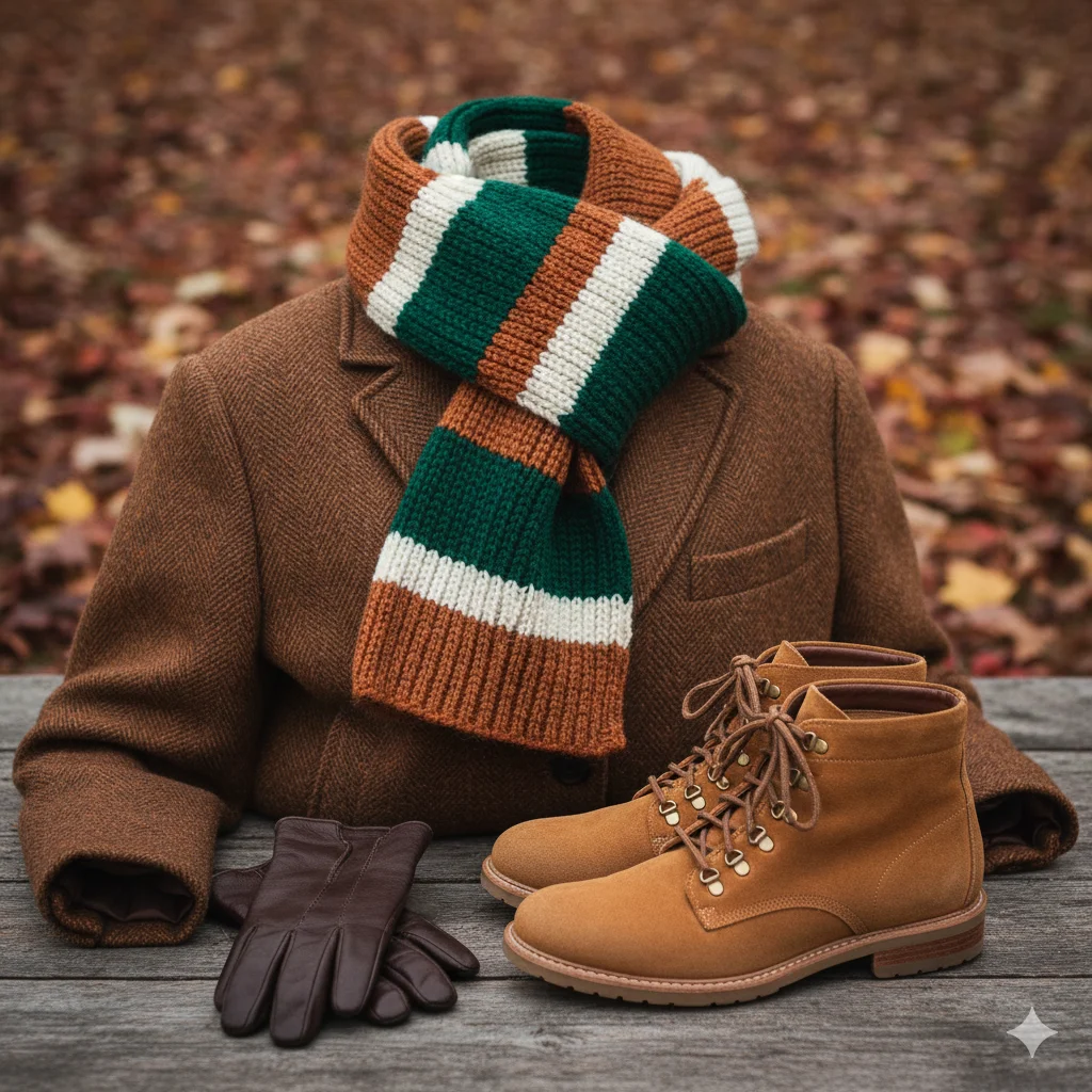 Capturing the Fall Aesthetic Through Lifestyle
A flat lay of fall clothing, including a brown tweed jacket, a striped scarf, tan leather boots, and brown leather gloves, on a wooden surface with autumn leaves in the background.