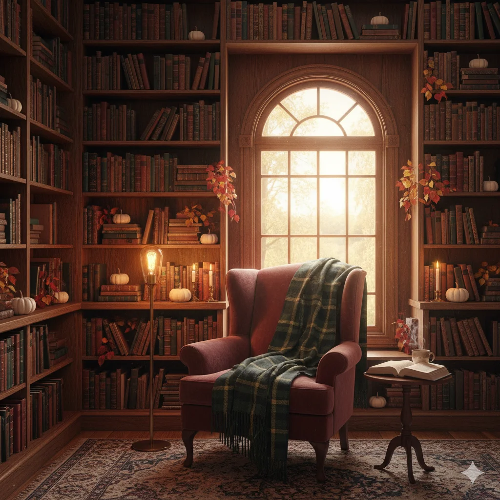 The Library Wall Nook
A cozy library reading nook with a plush red armchair, a plaid blanket, and shelves filled with books. Warm light from a floor lamp and a window illuminates the room, which is decorated with autumn accents like pumpkins and leaves.