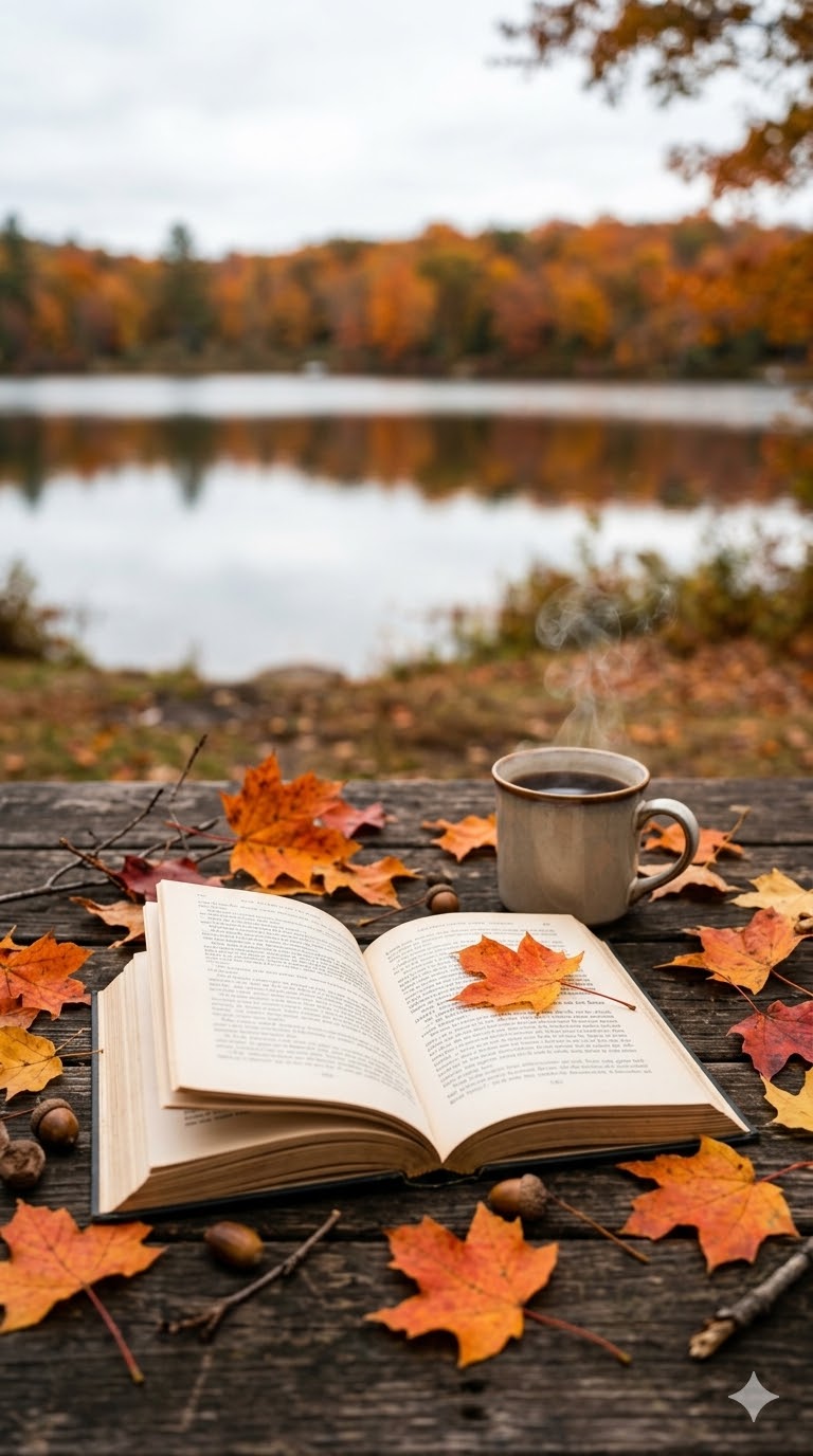 An open book and a steaming mug on a weathered wooden table scattered with maple leaves and acorns, overlooking a lake ringed with orange autumn trees.