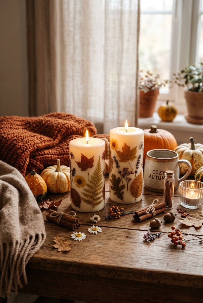 Cozy Fall Candle DIY with Pressed Leaves & Flowers