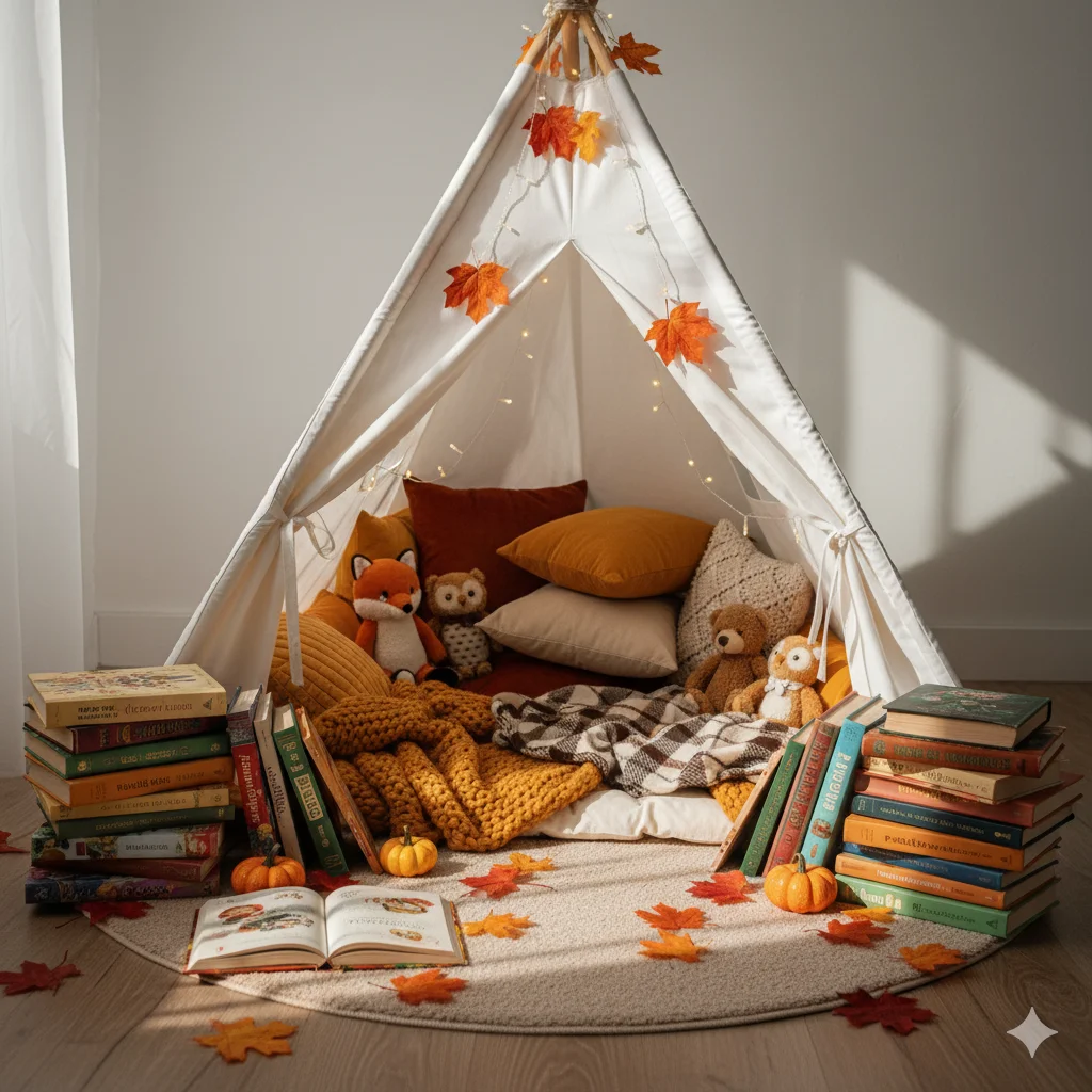  The Kids’ Storybook Nook,  fall-themed indoor teepee tent 
